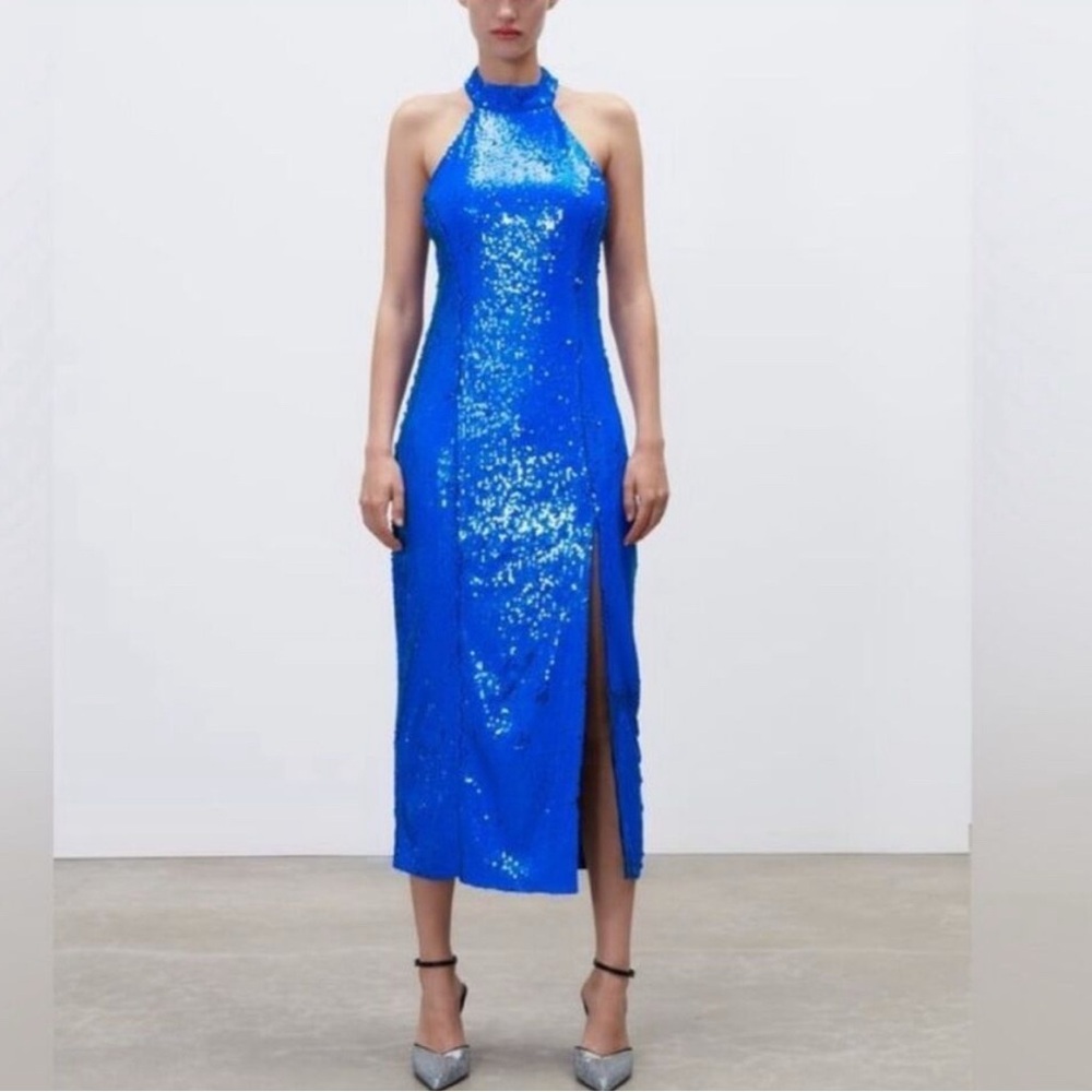 Zara Blue Sequin Halter Midi Dress